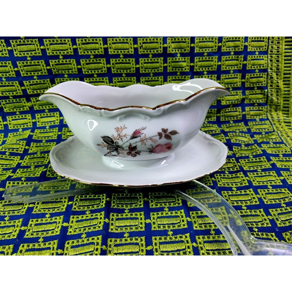 Mitterteich Bavaria Germany Porcelain  Pink Rose Gray  Leaves Gravy Boat  8.5"
